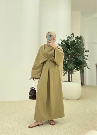 Wide sleeve belted linen dress