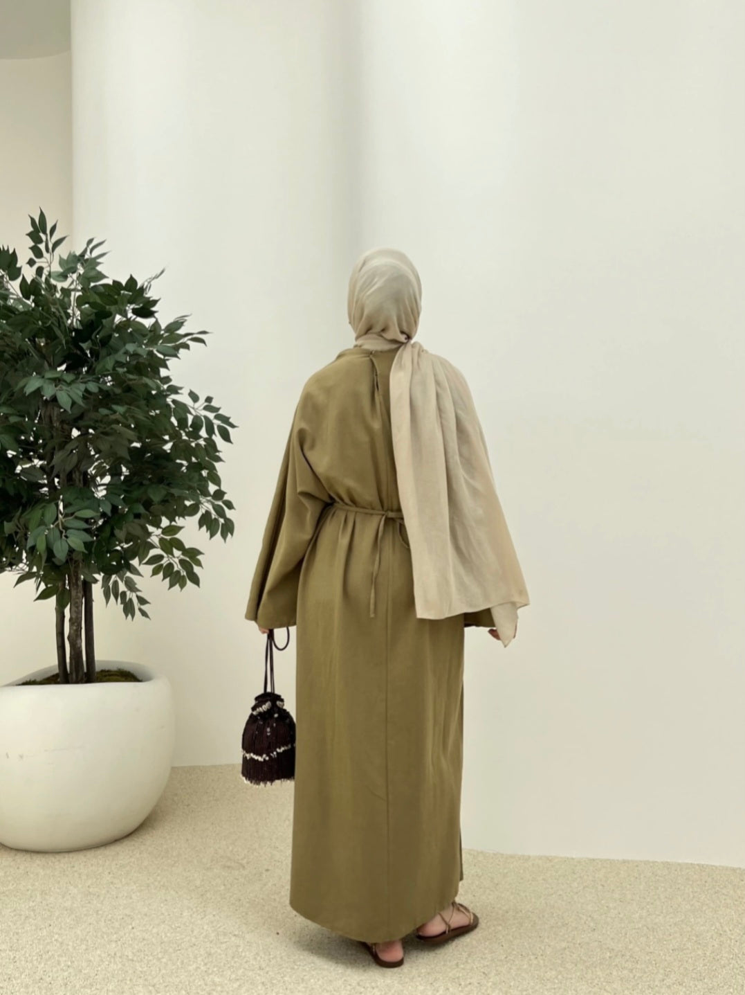 Wide sleeve belted linen dress