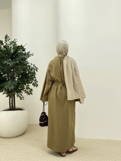 Wide sleeve belted linen dress