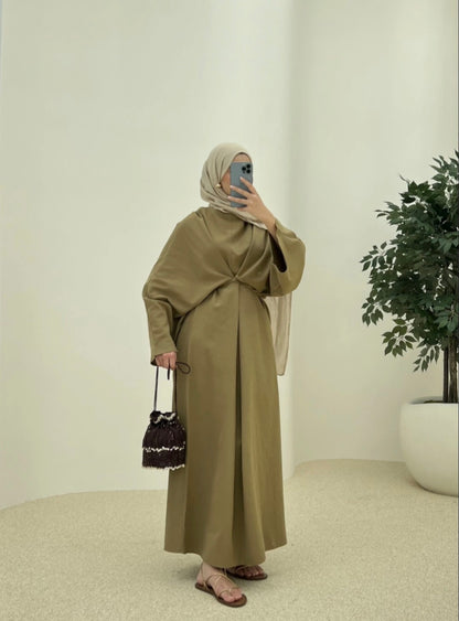 Wide sleeve belted linen dress