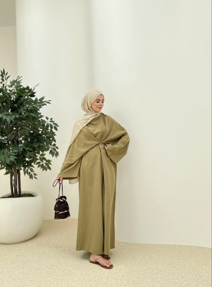 Wide sleeve belted linen dress