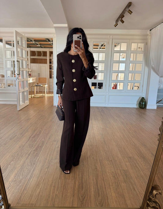 ZARA model gold buttons suit