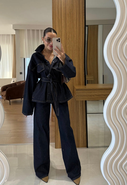 Belted jeans jacket with straight leg trouser co-ord set