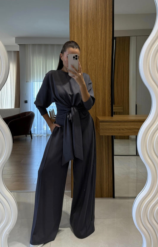 Oysho fabric Two-Piece blouse with belt tie at waist,wide Leg trouser