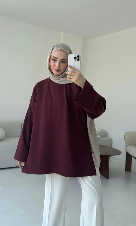 Belted Wide sleeve sweatshirt with side slit (burgundy)