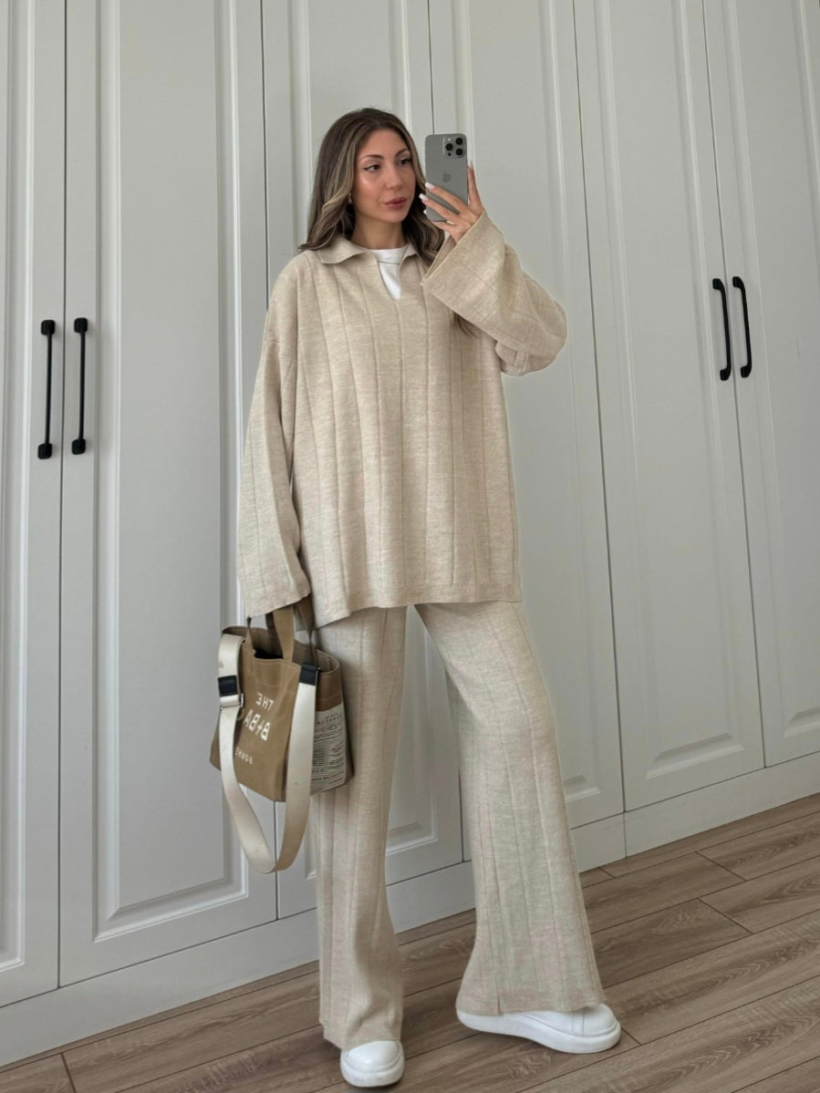 Beige collar V-Neck Knitwear Suit