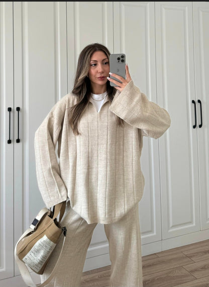 Beige collar V-Neck Knitwear Suit