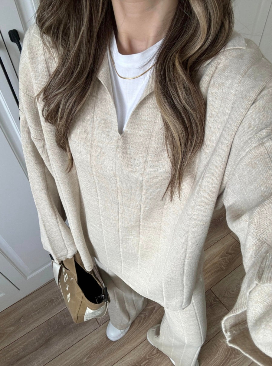 Beige collar V-Neck Knitwear Suit