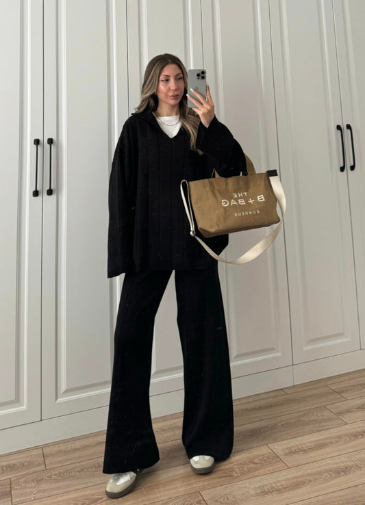 Black collar V-Neck Knitwear Suit