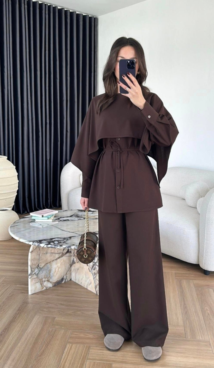 shirt with Cape,waistband Pants co-ord set - brown