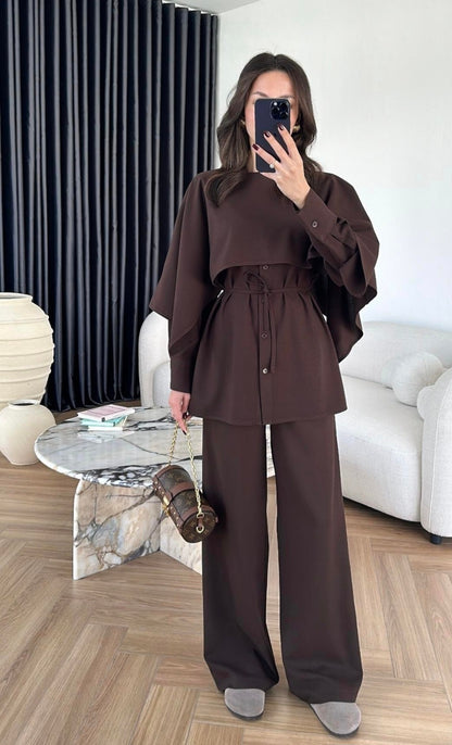 shirt with Cape,waistband Pants co-ord set - brown