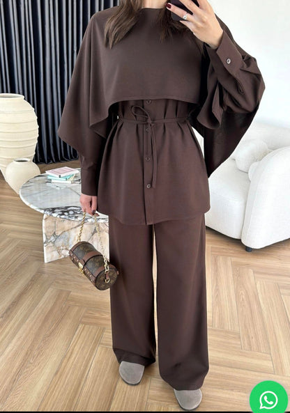 shirt with Cape,waistband Pants co-ord set - brown