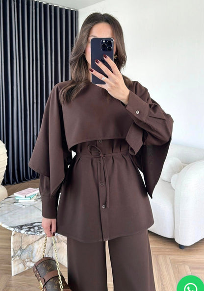 shirt with Cape,waistband Pants co-ord set - brown