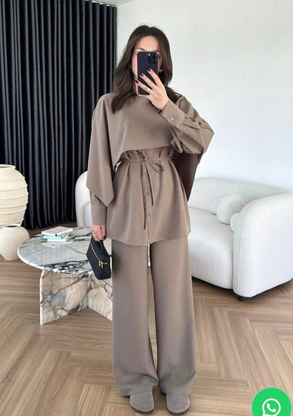 shirt with Cape,waistband Pants co-ord set - dark beige
