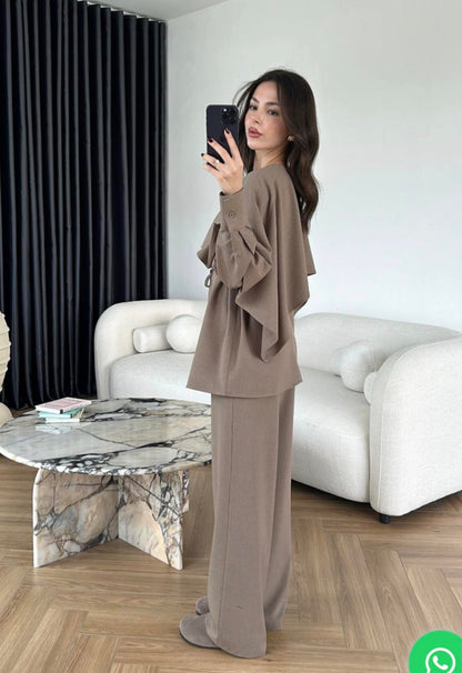 shirt with Cape,waistband Pants co-ord set - dark beige