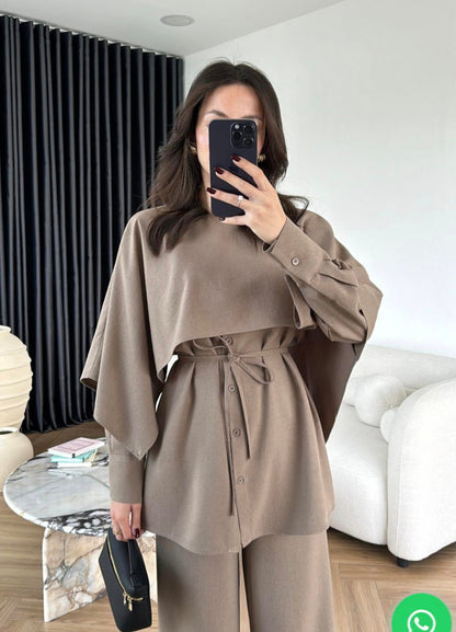 shirt with Cape,waistband Pants co-ord set - dark beige