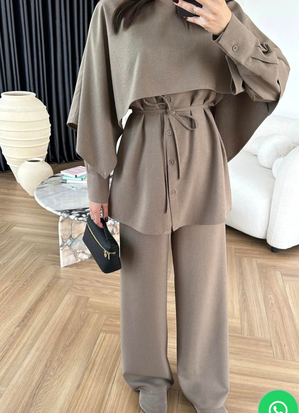 shirt with Cape,waistband Pants co-ord set - dark beige