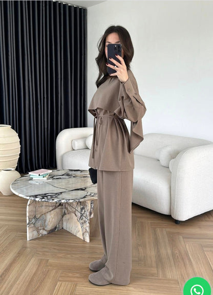 shirt with Cape,waistband Pants co-ord set - dark beige
