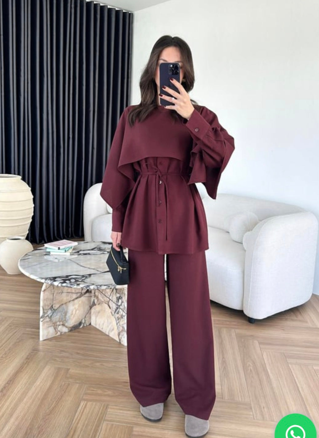 shirt with Cape,waistband Pants co-ord set - burgundy