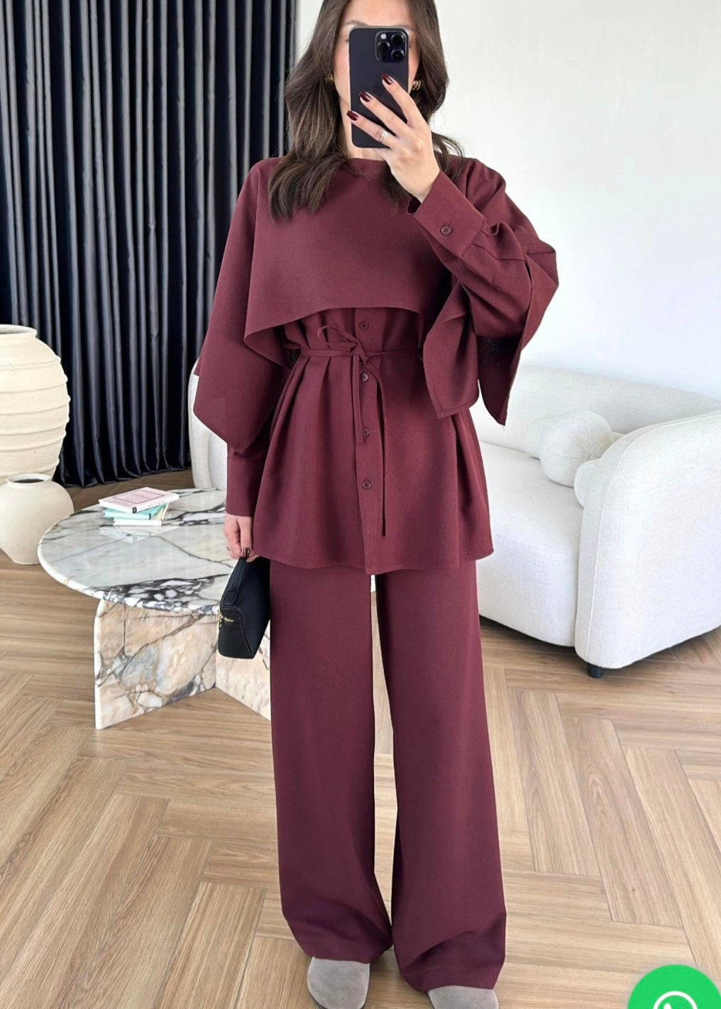 shirt with Cape,waistband Pants co-ord set - burgundy
