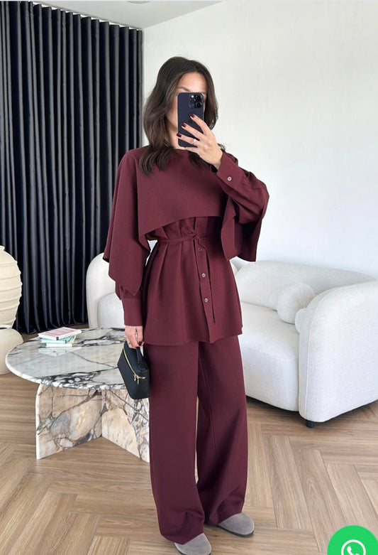 shirt with Cape,waistband Pants co-ord set - burgundy