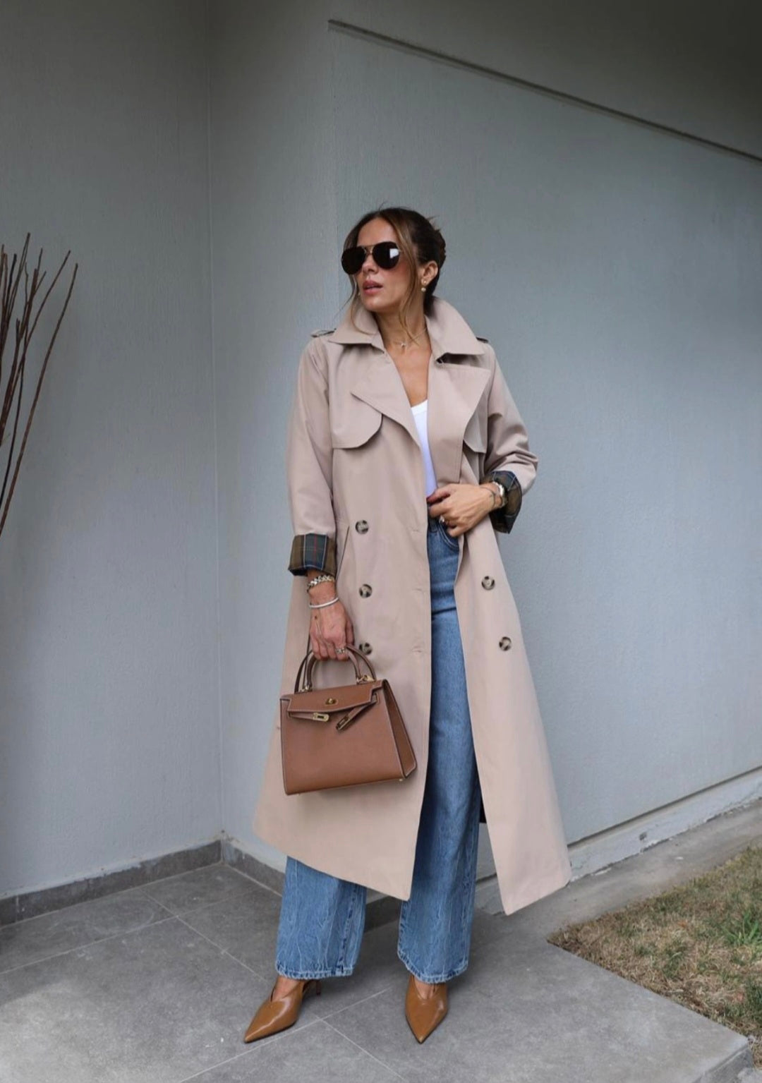Beige Belted Trench Coat with checked lining
