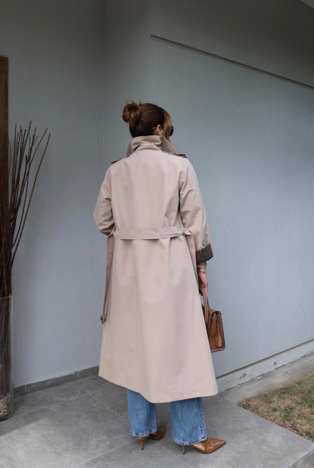 Beige Belted Trench Coat with checked lining