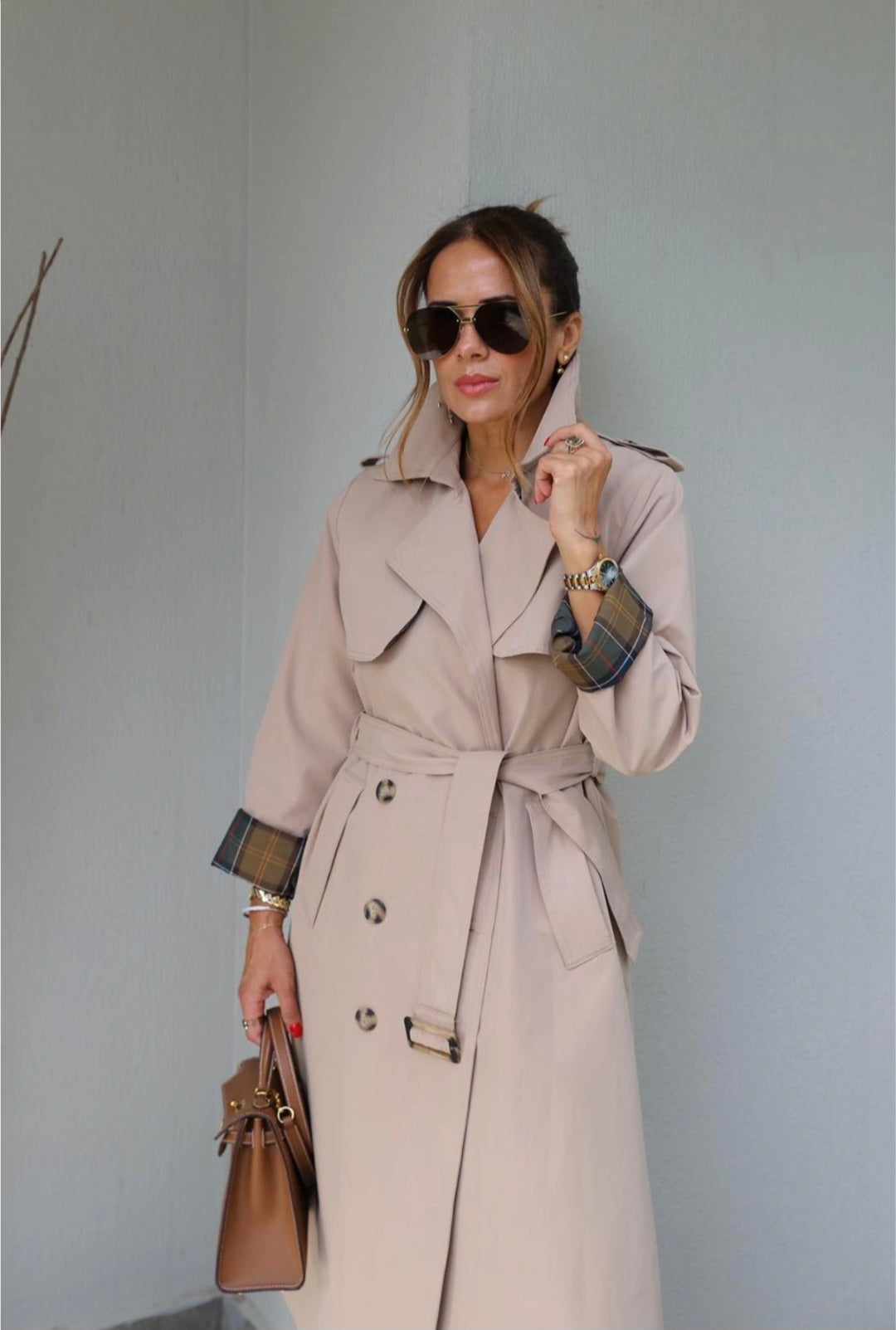 Beige Belted Trench Coat with checked lining