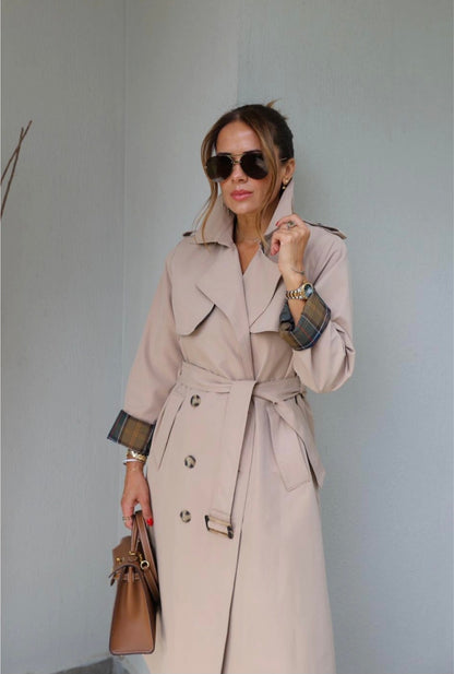Beige Belted Trench Coat with checked lining