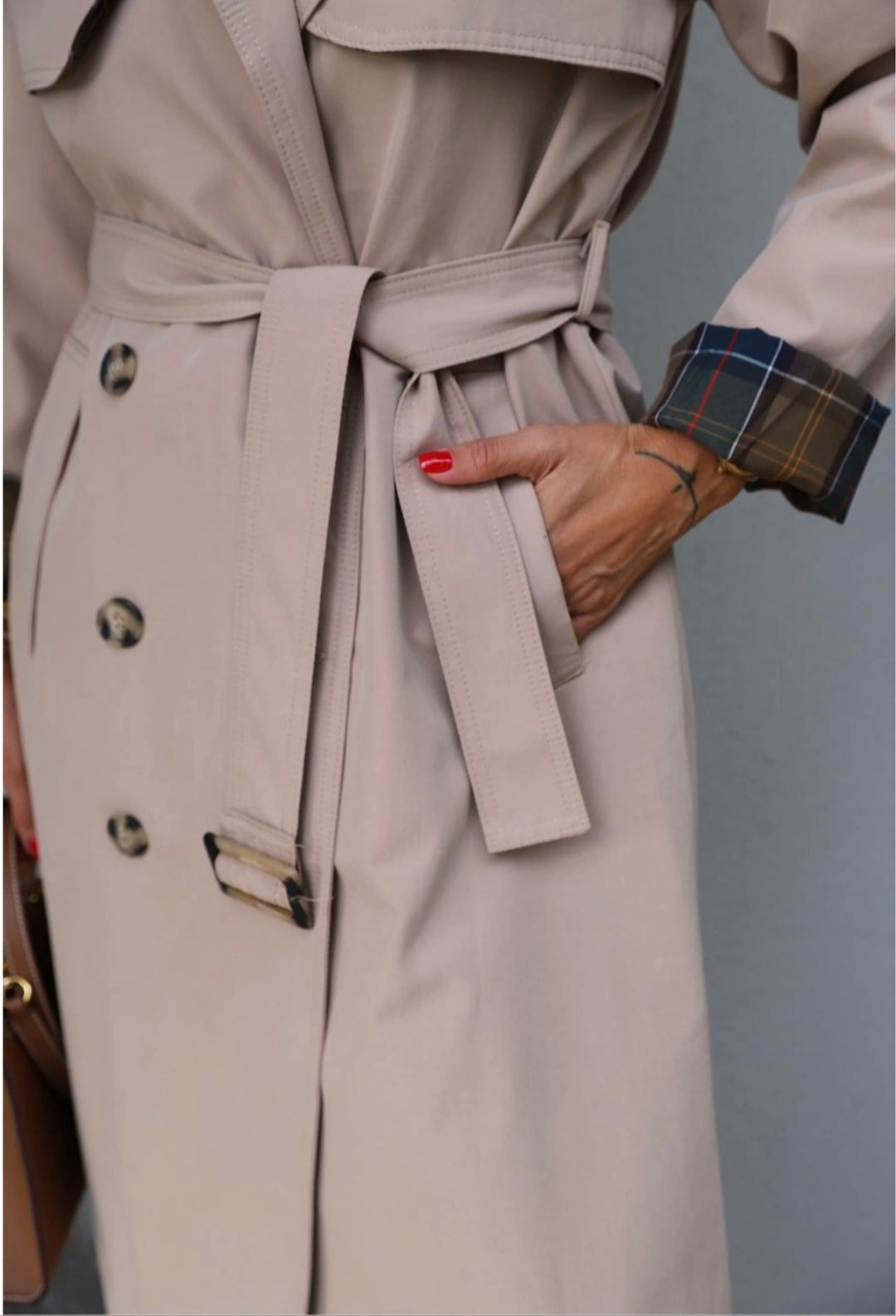 Beige Belted Trench Coat with checked lining