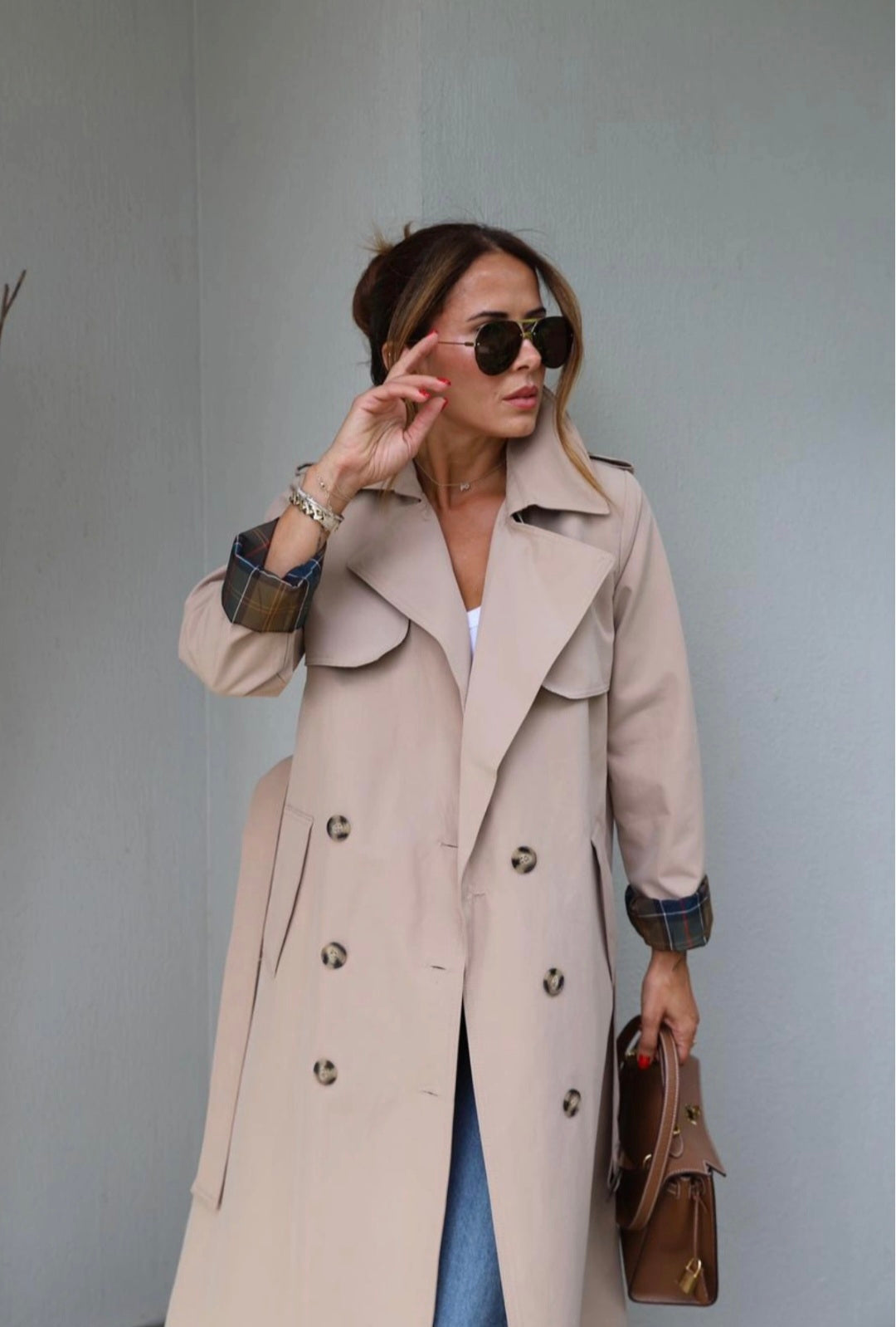 Beige Belted Trench Coat with checked lining