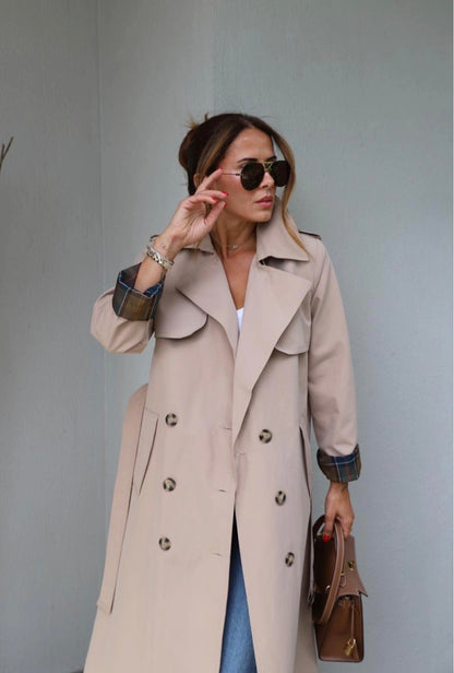 Beige Belted Trench Coat with checked lining
