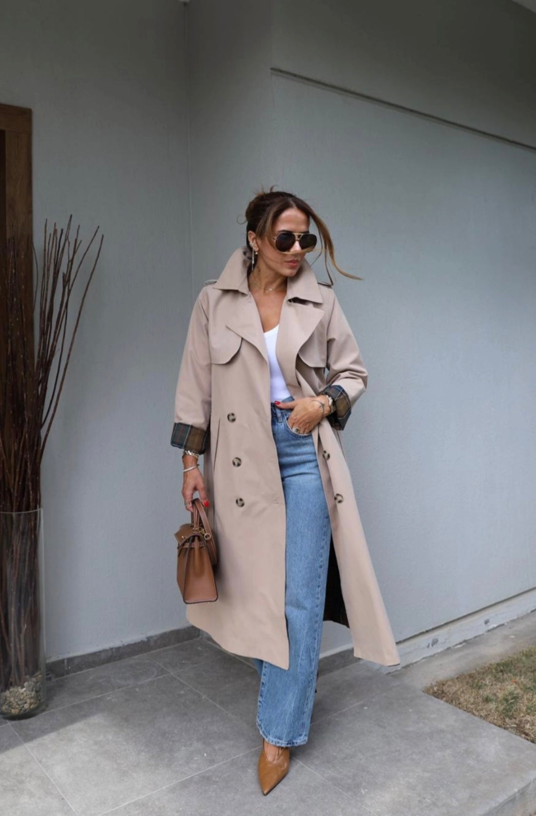 Beige Belted Trench Coat with checked lining