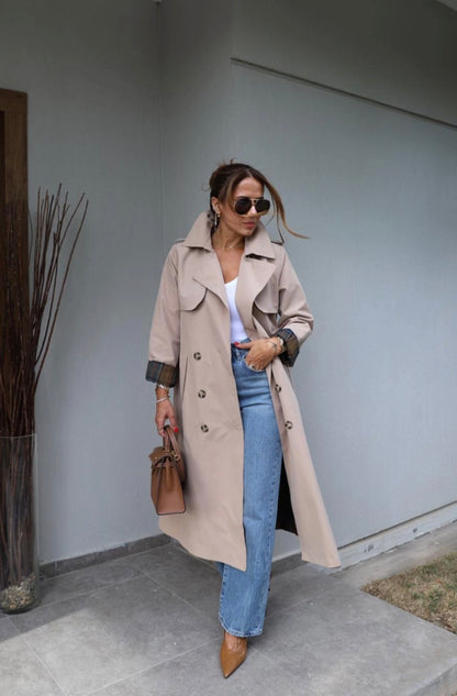 Beige Belted Trench Coat with checked lining