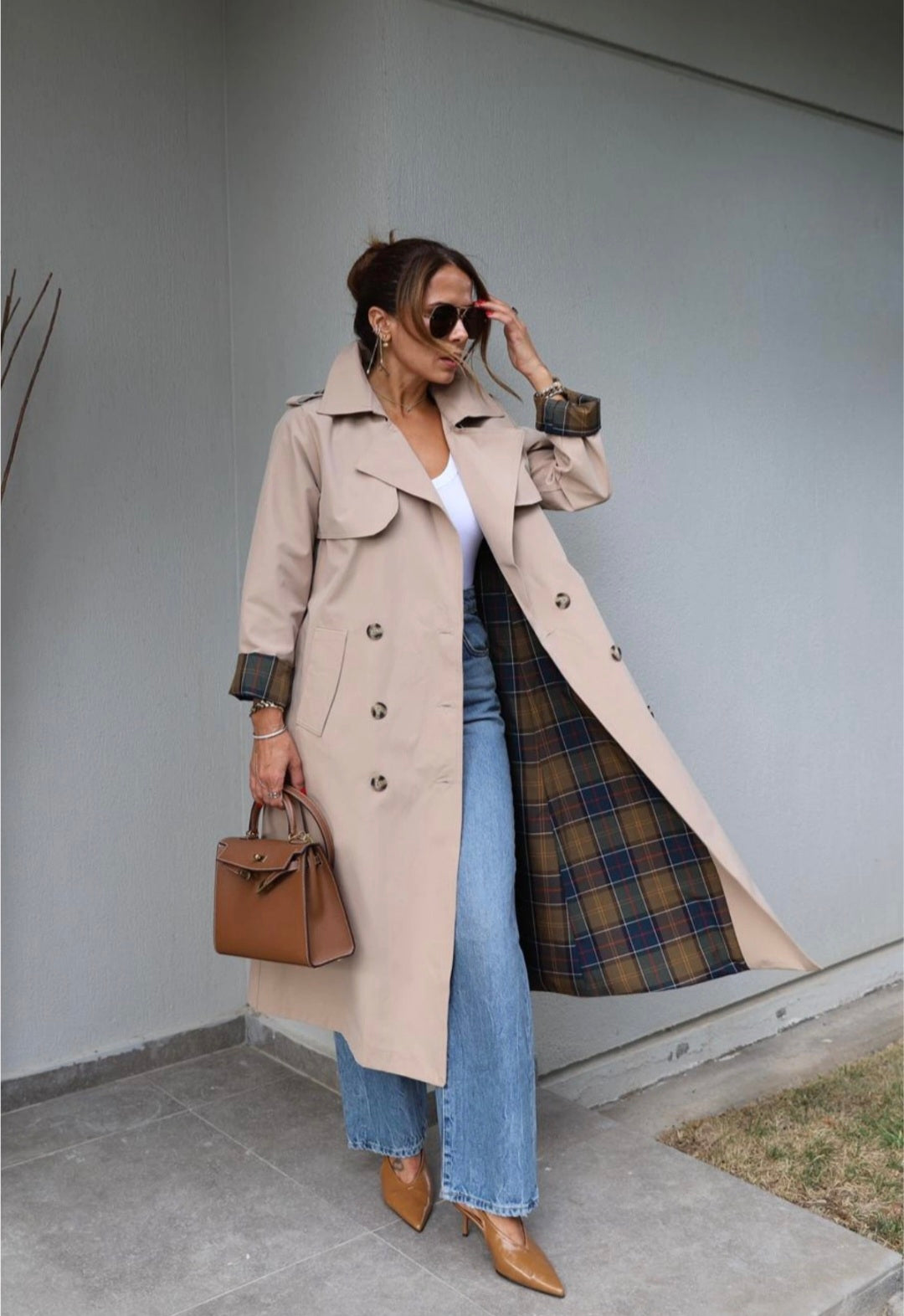 Beige Belted Trench Coat with checked lining