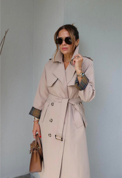 Beige Belted Trench Coat with checked lining