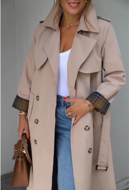 Beige Belted Trench Coat with checked lining