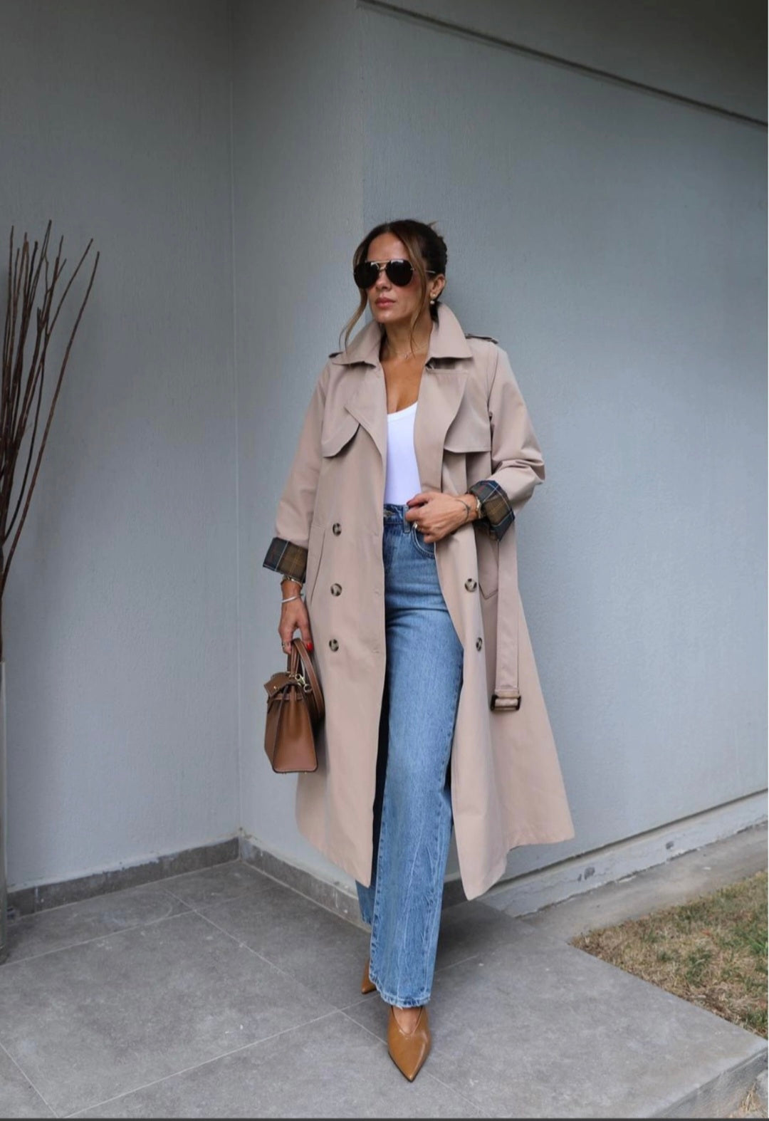 Beige Belted Trench Coat with checked lining