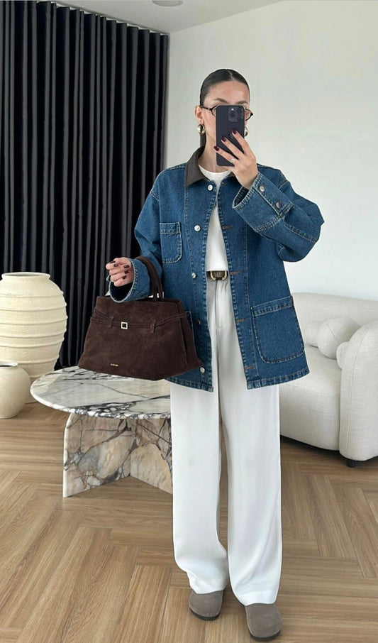 jeans Jacket with leather collar