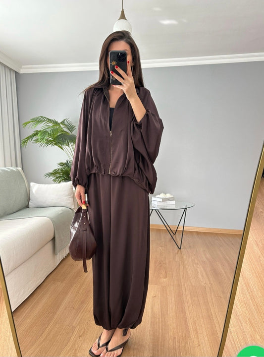 oversized satım bomber, waistband balloon leg trouser with strap co-ord set