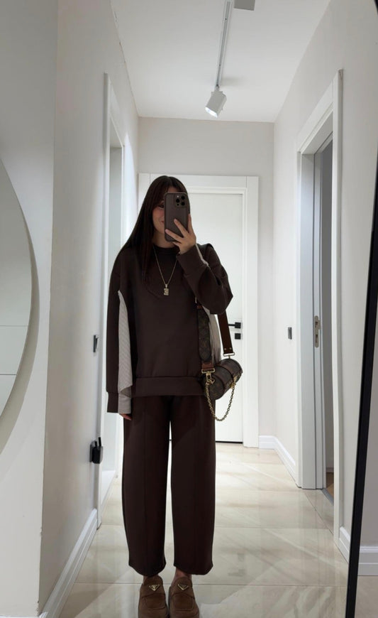 Long sleeve blouse with shirt details, barrel leg pants Oysho fabric Two-Piece Set