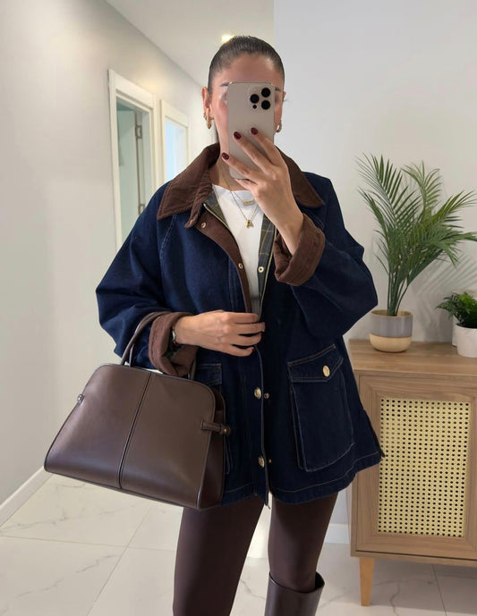 Premium checked lining jeans jacket with courdroy collar