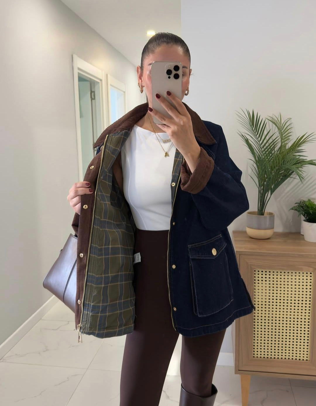 Premium checked lining jeans jacket with courdroy collar