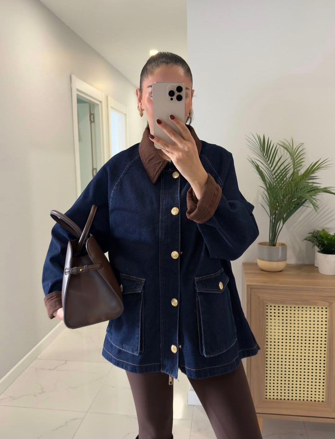 Premium checked lining jeans jacket with courdroy collar