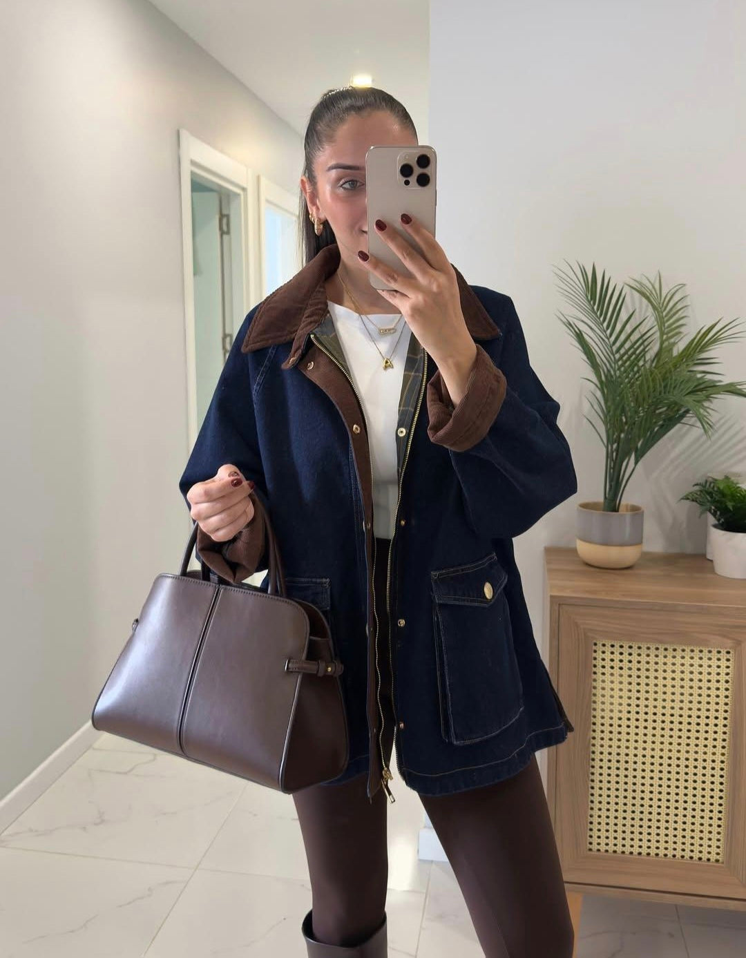 Premium checked lining jeans jacket with courdroy collar