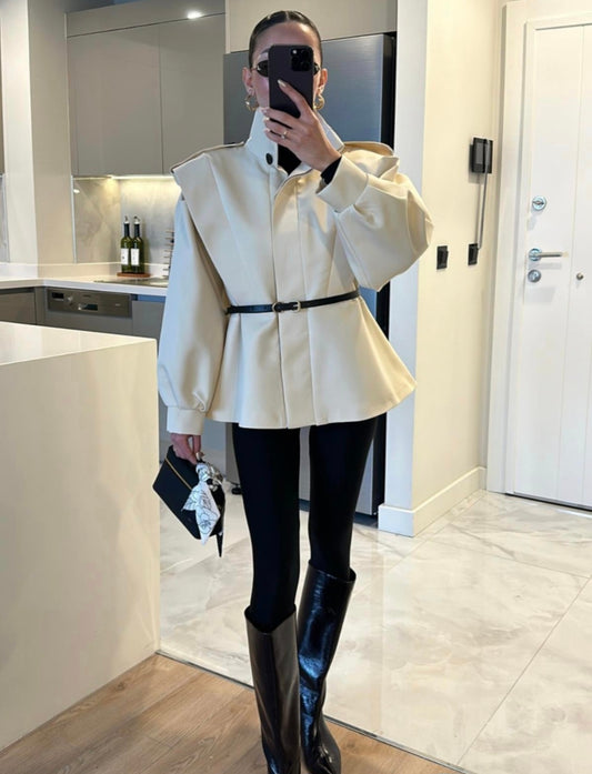 Beige Dacre Belt Detailed Jacket