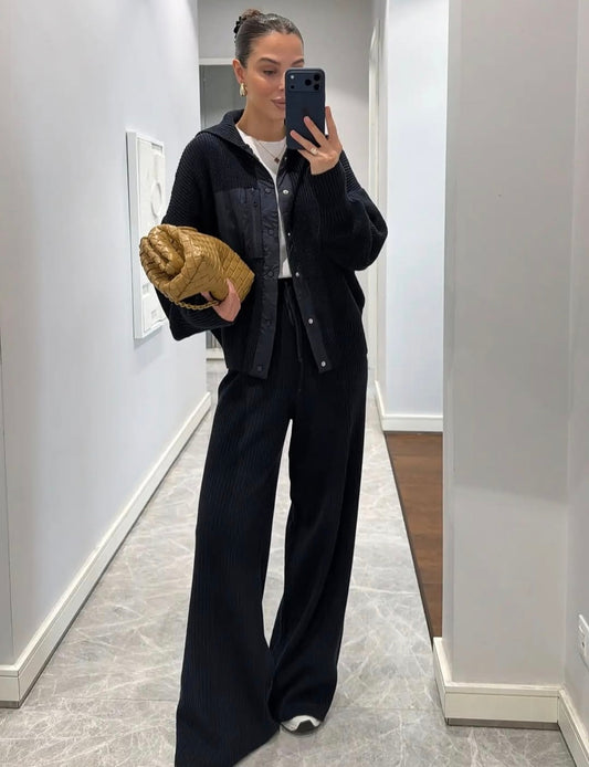 Premium navy blue Knitted Set With Waterproof Details