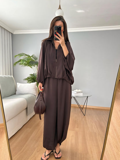 oversized satım bomber, waistband balloon leg trouser with strap co-ord set