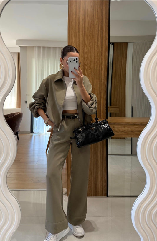 Bomber jacket with belted trouser co-ord set