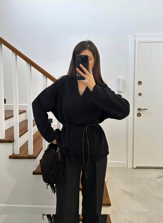 Black Leather Belted Cardigan